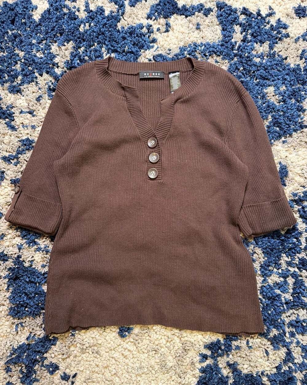 Axcess by Liz Claiborne Ribbed Brown Button-Front Henley Sweater